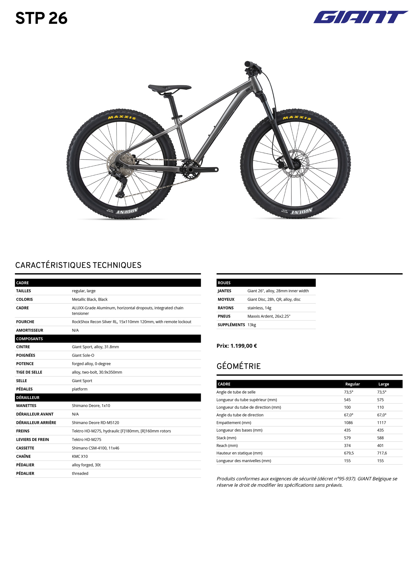 Fiche technique du velo STP 26